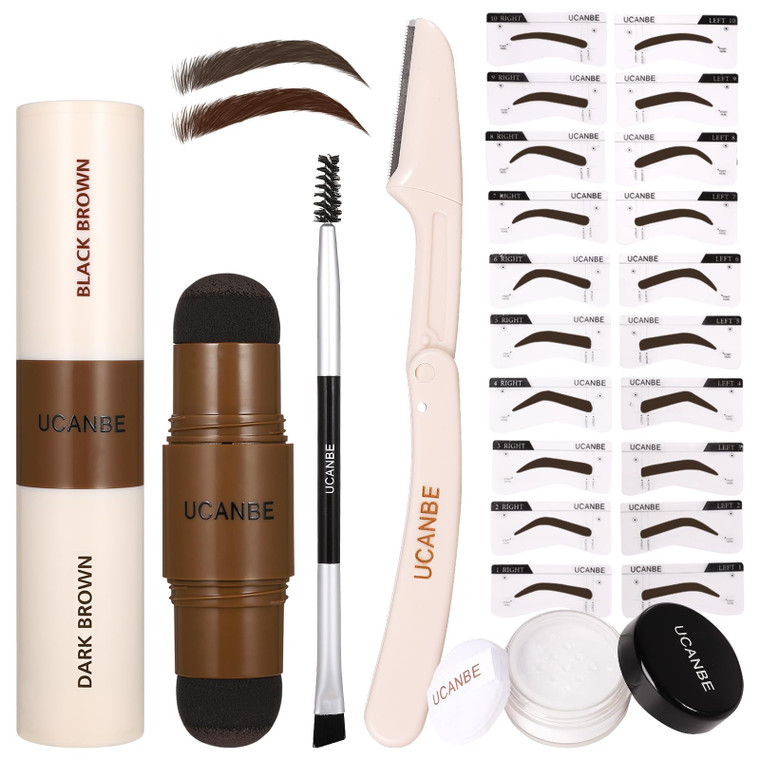 UCANBE 25PCS Eyebrow Stamp Stencil Kit With Dual-Color Eyebrow Stamp Pomade,20 Reusable Eyebrow Stencils,Finising Powder,Brush,Eyebrow Razor,Zipper P