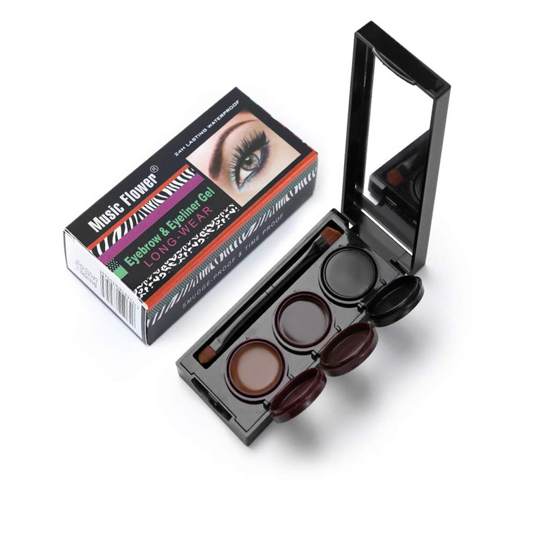 Music Flower 3 in 1 Eyebrow Gel and Eyeliner Waterproof Smudge-proof Long Wear Black+Brown with Brush