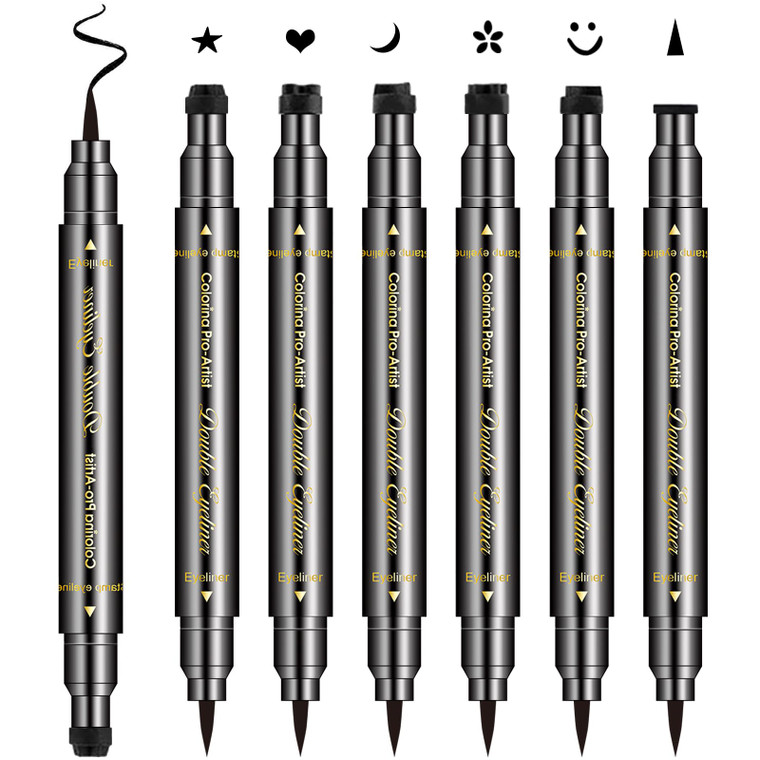 Erinde 6PCS Double-headed Eyeliner Stamp Pen Set, Black Stencil, Winged Eyeliner Tattoo Tool, Star Moon Heart Eye Makeup