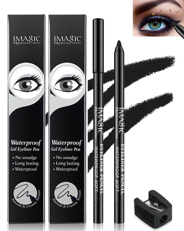 2Pcs Black Waterproof Smudge-proof Gel Eyeliner Pencil with Sharpener, Fade-Proof Eye Liner Pencil Smooth Water Line Pen,Thanksgiving Cat Eye/Smoky E