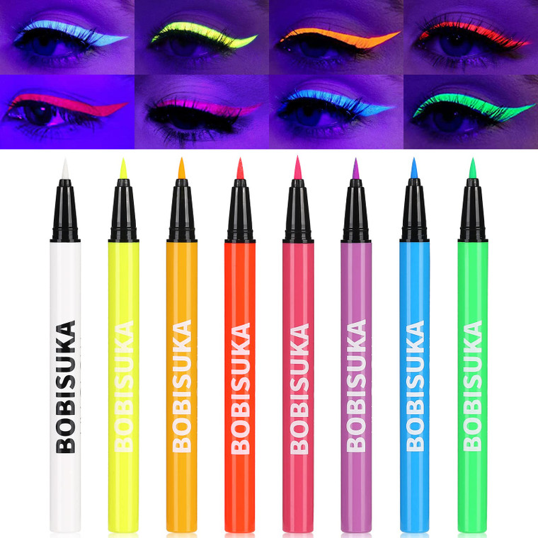 BOBISUKA 8 Colors UV Neon Liquid Eyeliner Set, Matte Colored Eyeliners Pen, Colorful Waterproof Smudge-proof Pigmented Graphic Liners, Delineadores d