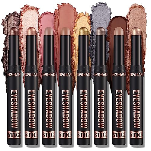 LANGMANNI 8 PCS Soft Smooth Cream Eyeshadow Stick Gift Set,Matte Earth Color+Bright Metal Color Contour Stick,Waterproof & Long-Lasting Eyeshadow (#B