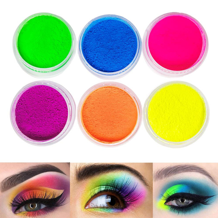 FindinBeauty Neon Pigment Eyeshadow Powder UV Reactive Glow in the Blacklight 6 Mixed Bright True Colors for Body/Eyeshadow, Carnival Party Halloween