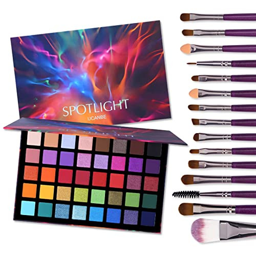 UCANBE Spotlight Eyeshadow Palette + 15 PCS Eye Brushes Makeup Set, Professional 40 Color Matte Shimmer Glitter Eye Shadow Pallet Highly Pigmented Wa