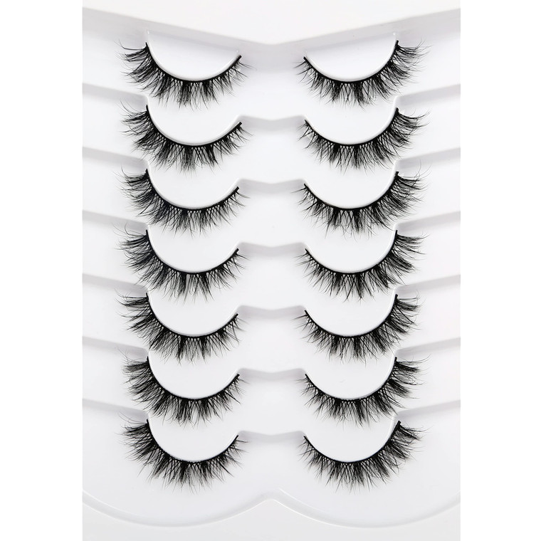 Pooplunch False Eyelashes Cat Eye Lashes Natural Cluster Extension Look Wispy Short Volume 8D Faux Mink Lashes Fake Eyelashes Strips 7 Pairs Pack