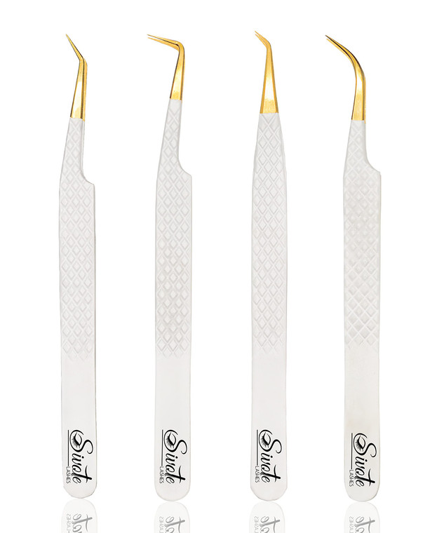 SIVOTE Fiber Tip Lash Tweezers for Eyelash Extensions with Diamond Grip, White, Set of 4 - Precise Tips Japanese Steel for Classic, Volume & Mega Vol