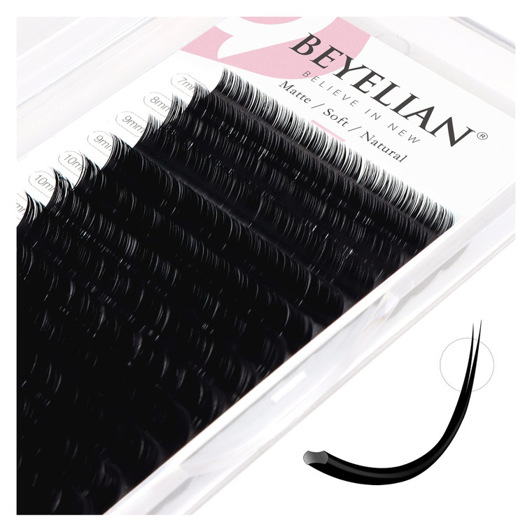 BEYELIAN Ellipse Flat Eyelash Extension, 16 Rows 0.20mm C Curl 7-15mm Mixed Length Lash Extension Matte Black Professional Eyelash Extension Supplies