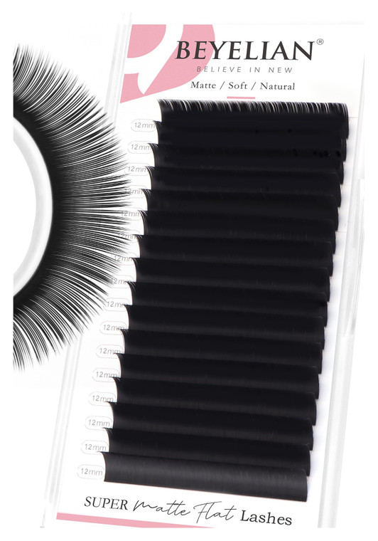 BEYELIAN Flat Eyelash Extension, Ellipse Lash Extensions 0.15 D Curl 12mm 16 Rows Matte Black Eyelash Extension Supplies Classic Lash Extensions Indi