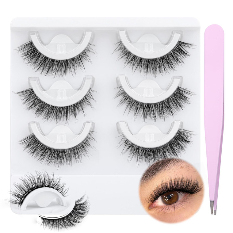 wiwoseo Self Adhesive Eyelashes No Glue Needed False Lashes Natural Look Lash Extensions Reuseable Self Adhesive Lashes Wispy Lashes with Tweezer 3 P