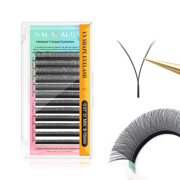 NAGARAKU YY Eyelash Extensions Supplies Y Lash 4D Easy Fan Russian Volume Crisscross YY Eyelashes Handwoven Y Shaped Mesh Wispy Clusters 12 Rows Pre