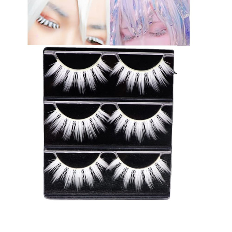 3 Pairs White False Eyelashes Lashes Makeup Fake Eyelashes White Lashes for Halloween Cosplay Masquerade Party, YOEMAYUNER
