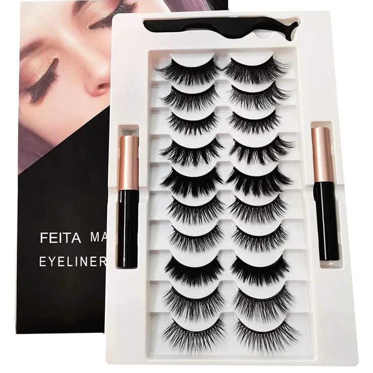 FEITA Upgraded Magnetic Eyelashes Kit with Eyeliner - 10 Pairs Magnetic False Lashes Natural Look with Applicator, 2 Tubes Magnetic Eyeliner - Easy t