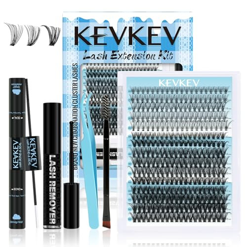 KevKev Lash Extension Kit 300Pcs Lash Clusters Kit DIY Eyelash Extension Kit with Lash Bond and Seal Eyelash Remover Lash Applicator Wispy Lashes Loo