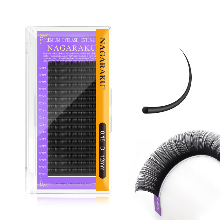 NAGARAKU Eyelash Extensions Individual Lashes 0.15 mm D curl 12mm Premium Classic Matte Black Faux Mink 16 Rows Natural Professional Beauty Salon Sup