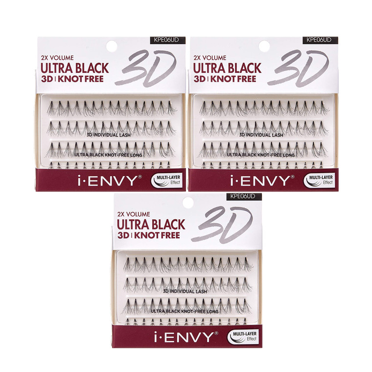 i-ENVY 2X Volume 3D Ultra Black Individual Lashes (3 PACK, Knot Free - Long)