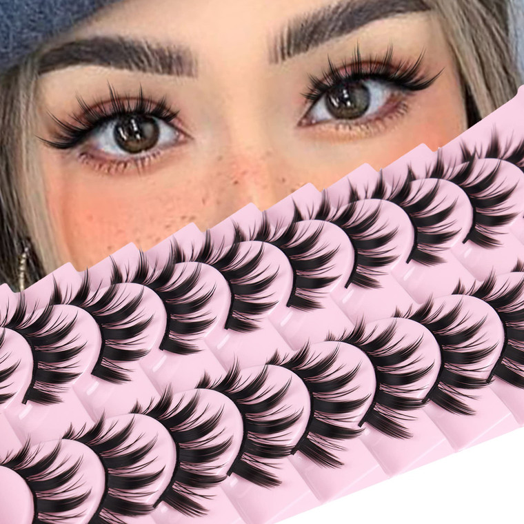False Eyelashes 10 Pairs Manga Lashes Japanese Style Anime Thick Cosplay Lashes Natural Look 16MM Spiky 8D Wispy Faux Mink Lashes Full Strip Doll Las