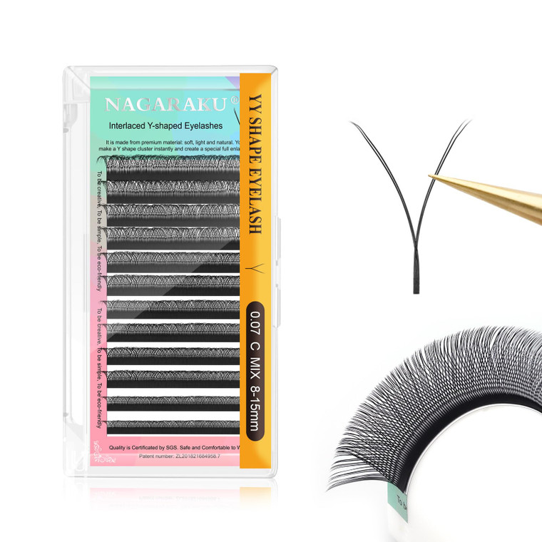 NAGARAKU yy Eyelash Extensions Supplies y lash 0.07mm C curl Mix Tray 8-15mm Premade 4D Easy Fan Russian Volume Cluster Faux Mink Matte 12 rows pre F