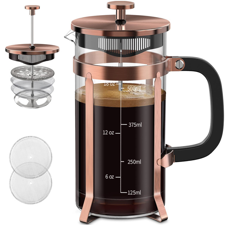 QUQIYSO Coffee Maker 304 Stainless Steel French Press with 4 Filter, Heat Resistant Durable, Easy to Clean, Borosilicate Glass Coffee Press, 100% BPA