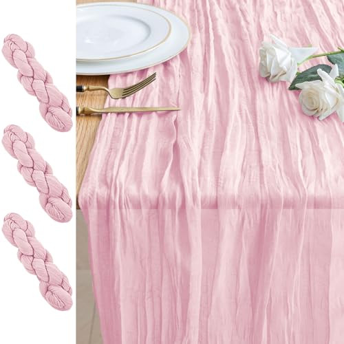Xiomot 3PCS Table Runner Cheesecloth 10FT Blushing Pink Boho Gauze Cheese Cloth Rustic Sheer Table Runners for Summer Wedding Bridal Baby Shower Part