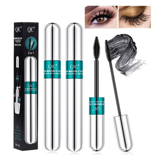 2 Pack Lash Cosmetics Mascara 5x Longer Lash Mascaras, 2 in 1 Black Mascara Waterproof Volume and Length Eye Cosmetics, Long-Lasting Natural Liquid E