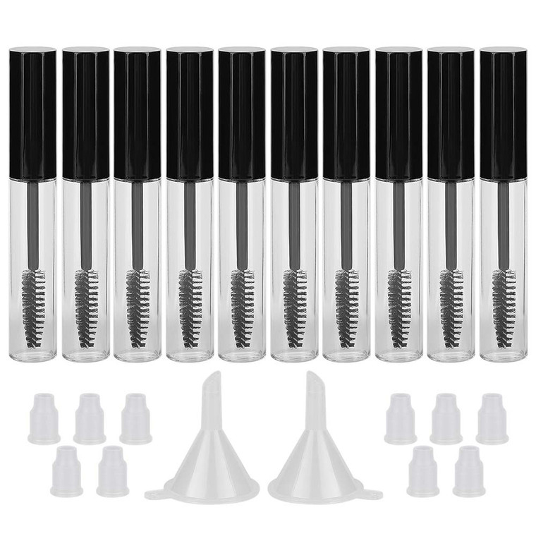 GTHER 10PCS 10ML Empty Mascara Tube Bottle With Eyelash Wand, Rubber Inserts & Funnels Set for Castor Oil/Growth Oil, DIY Cream Container With Cap, B