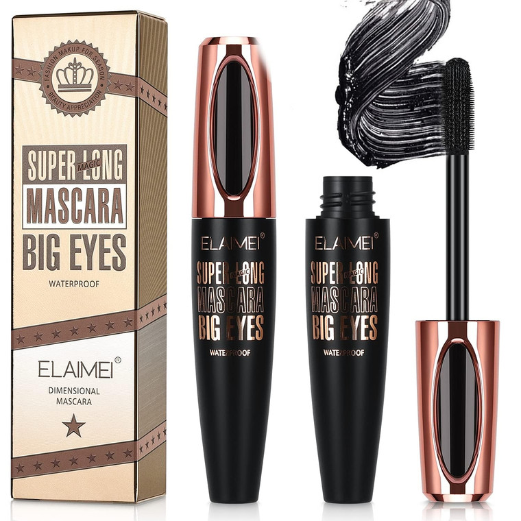 2 Pack Mascara Black Volume and Length, Natural Waterproof Smudge-Proof 4D Silk Fiber Lash Mascara Long-Lasting, Adds Length, Depth & Glamour Effortl