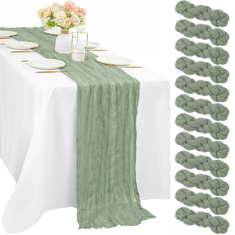 12 Pcs 10FT Sage Green Cheesecloth Table Runner 35 x 120 Inches Long Runner for Tables Gauze Fabric Boho Table Runner Decoration Rustic Sheer Runner