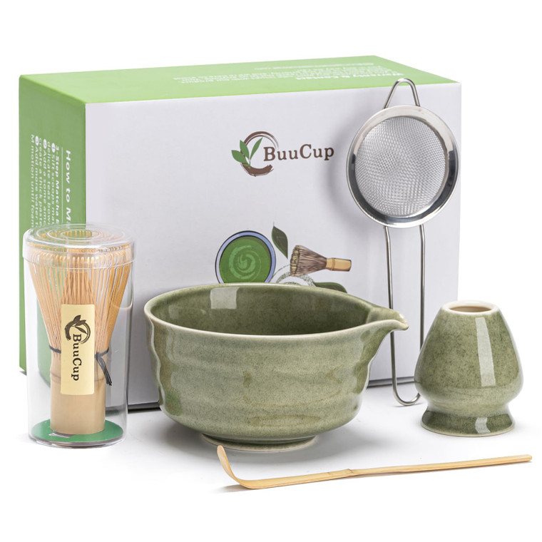Buucup Matcha Set, Matcha Bowl with Spout, Matcha Whisk and Holder, Bamboo matcha Scoop and Stainless Sifter - 5 Pcs Jade Green Matcha Set Kit for Ma