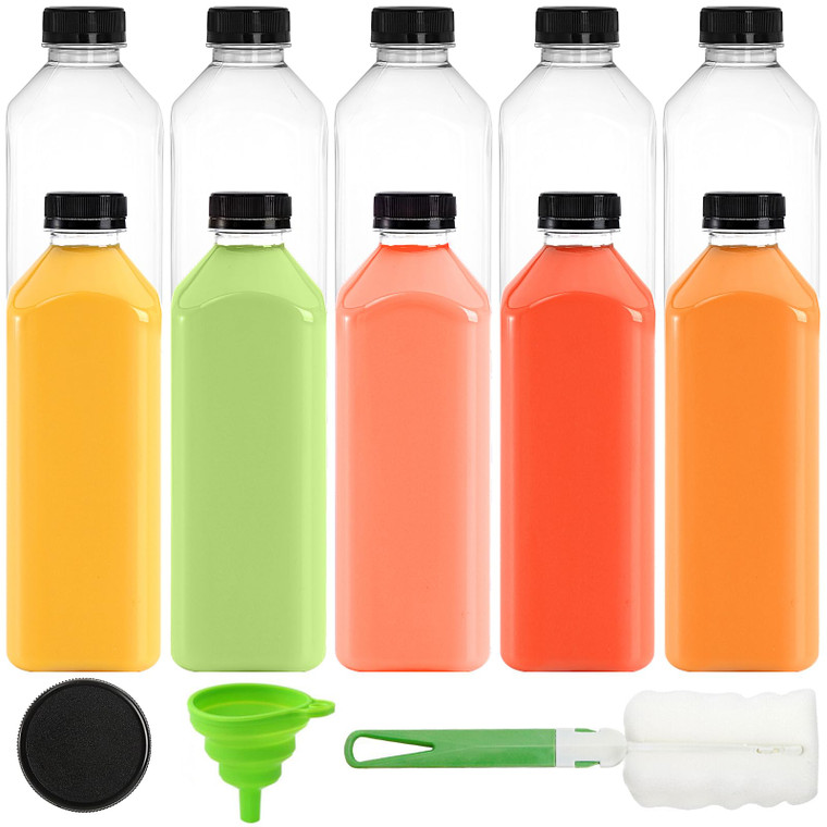 Cedilis 10 Pack 33oz Plastic Juice Bottles with Black Cap, Clear Reusable Containers with Lids, Great Disposable Bottles for Making Juice, Milk, Sala