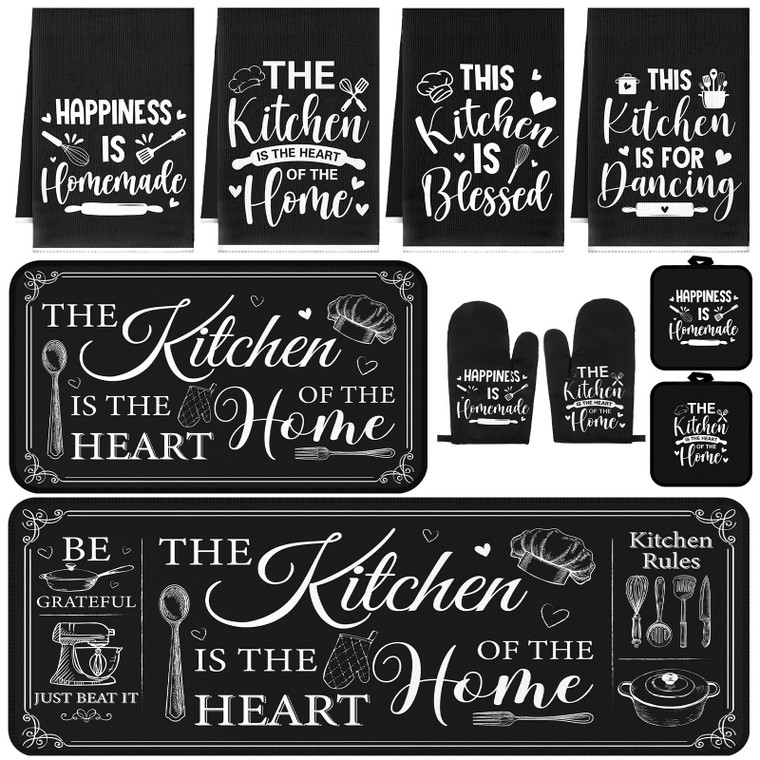 Fourluoo 10 Pcs Farmhouse Kitchen Decor and Accessories Set 4 Kitchen Towels 2 Pot Holders 2 Oven Mitts 2 Rugs for Cooking Baking Mom Housewarming Gi