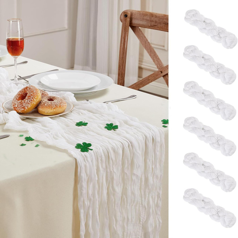 6 Pack White Cheesecloth Table Runner 10FT Long Saint Patrick's Day Boho Gauze Table Runner Rustic Sheer Runner for Spring Wedding Bridal Baby Shower
