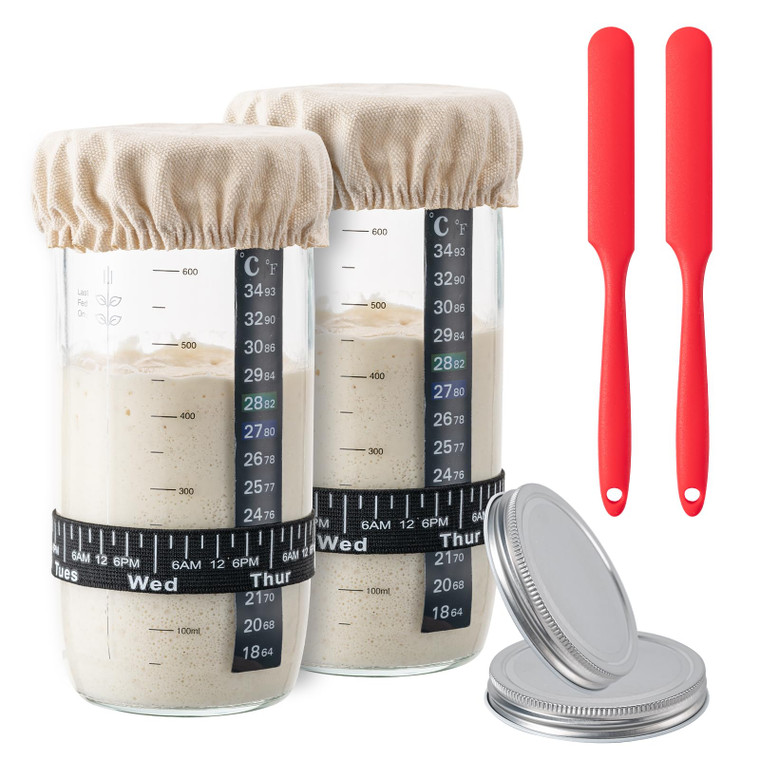 BOOMIBOO 24 oz Sourdough Starter Jar, Glass Jars Fermentation Kit, Sourdough Starter Kit with Date Marked Feeding Band, Thermometer, Cloth Cover & Me