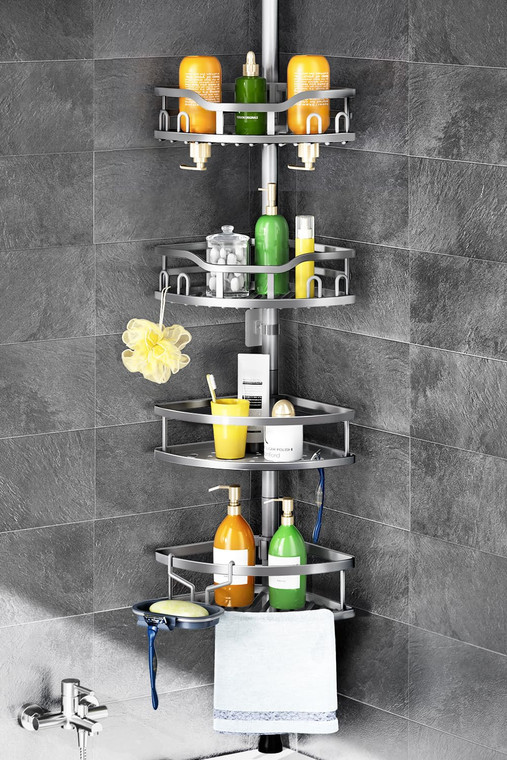 HAMITOR Corner Shower Caddy Tension Pole: Rustproof 4-Tier Bathroom Organizer Shelves for Bathtub Shampoo Storage - 47-121 Inch Quick Install Adjusta