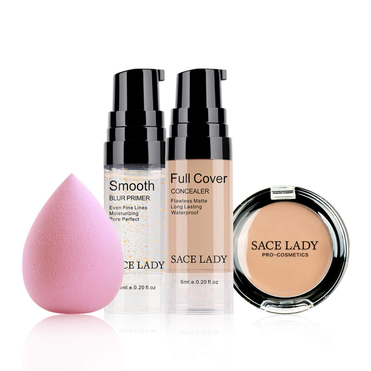 Waterproof Full Coverage Concealer With Primer Sponge Set, Smooth Matte Flawless Creamy Liquid Foundation Corrector Makeup Kit for Face Eye Dark Circ