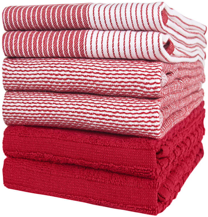 Premium Kitchen Towels (20x 28, 6 Pack) | Large Cotton Dish Towels | Flat & Terry Highly Absorbent Kitchen Linen Set with Hanging Loop | Red