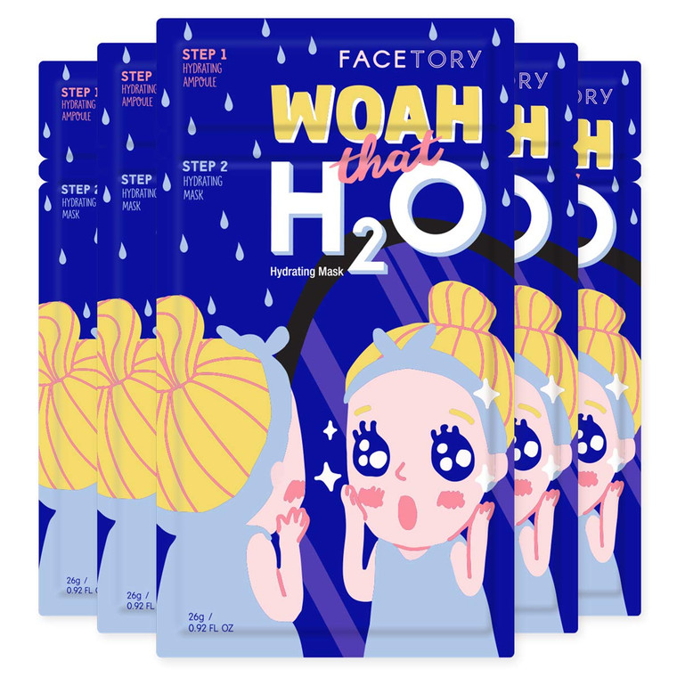 FACETORY K Beauty Face Mask Skin Care - Woah That H2O 2-Step Sheet Mask with Ceramide & Sodium Hyaluronate | Moisturizing, Balancing (5 Pack)