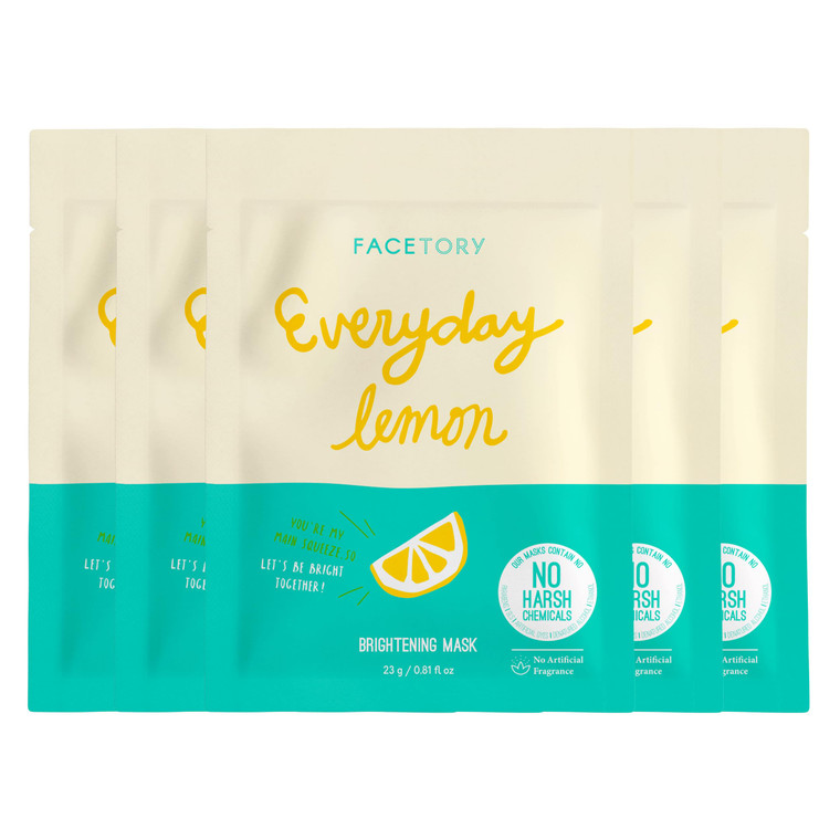 FACETORY K Beauty Face Mask Skin Care - Everyday LEMON Brightening Sheet Mask | Plant-Based with Lemon Extract (5 Pack)
