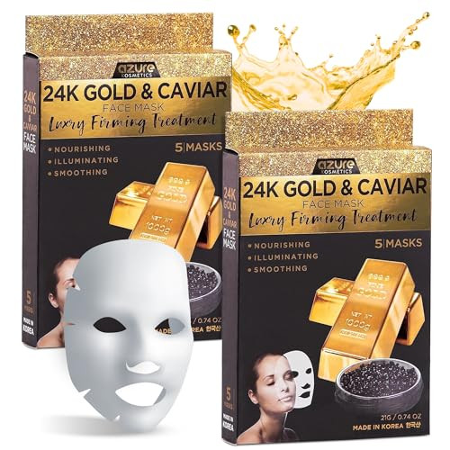 Azure Cosmetics 24K Gold and Caviar Anti Aging Luxury Face Mask - Hydrating & Firming Facial Mask - Helps Reduce Wrinkles & Fine Lines - With Hyaluro