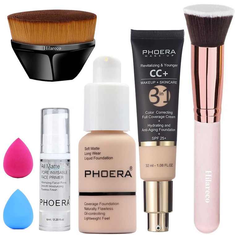 PHOERA CC+ Cream Color Correcting Anti Aging Hydrating Serum & SPF 25+, PHOERA Primer, Makeup, Kabuki Makeup Brushes Foundation Brush Powder (101 Por