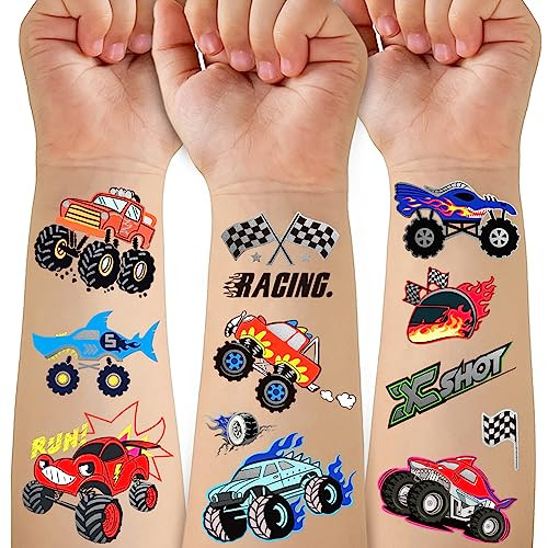 75 PCS Toddler Tattoos Hot Wheels Birthday Decorations Hot Wheels Party Favors, Kids Tattoos Temporary for Boys Monster Truck Racing Car Flag Fake Ta