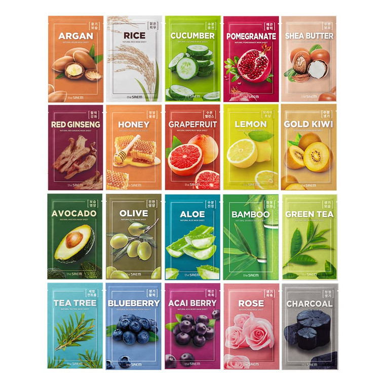 THESAEM Natural Sheet Mask Pack Set 20 Sheets - Korean Face Mask Variety Pack - Moisturizing, Revitalizing, Soothing, Elasticity - Vegan Sheet Essenc