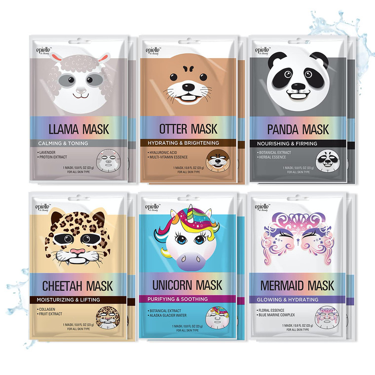 Epielle Character Face Mask Mystical Safari 12 Pack, Fun & Effective Korean Skin Care, Spa Party Favors, Stocking Stuffers, Birthday Gifts for Women,