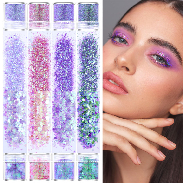 GABOX 8-Jar Mermaid Purple Glitter Set, Holographic Fine Powder & 1mm & 2mm & 3mm Sequins Flakes Set for Cosmetic - Nail - Resin, Iridescent Art Glit