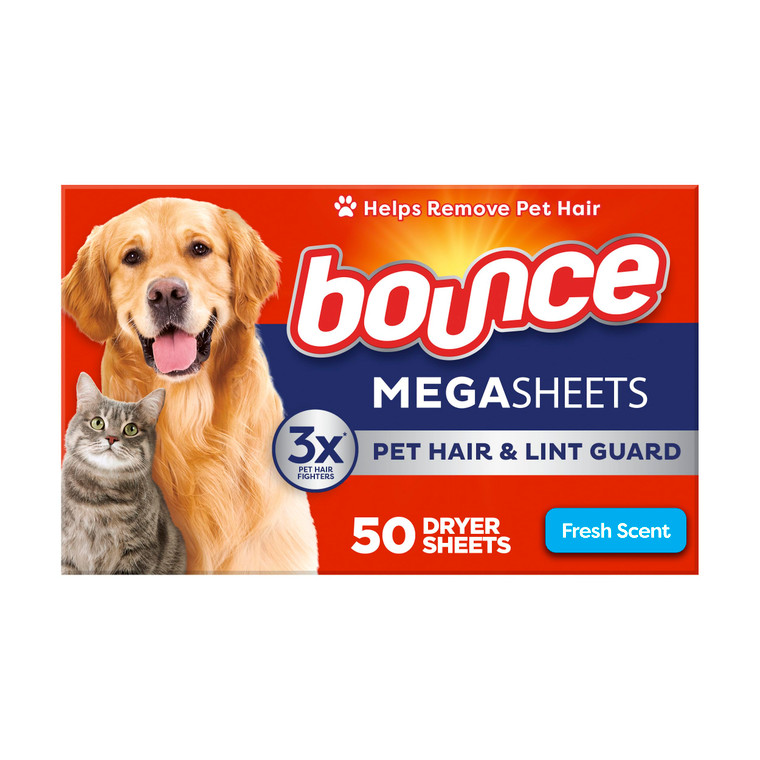 Bounce Pet Hair and Lint Guard Mega Dryer Sheets with 3X Pet Hair Fighters, Fresh Scent, 50 Count