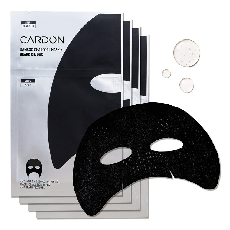 Cardon Complete Face & Beard Care Sheet Masks for Men - Korean Face Masks Skincare with Bamboo Charcoal Detox + Premium Beard Oil - 4 Pack for Deep H