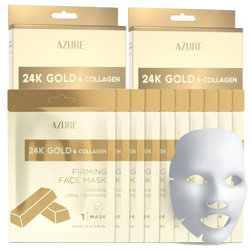 Azure Cosmetics 24K Gold Firming Face Mask- Anti Aging, Hydrating, Toning & Firming Facial Sheet - Helps Reduce Wrinkles & Fine Lines - With Hyaluron
