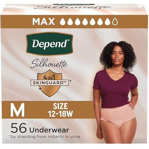 Depend Silhouette Adult Diapers, Incontinence & Postpartum Bladder Leak Underwear for Women, Maximum Absorbency, Medium, Pink, 56 Count (2 Packs of 2