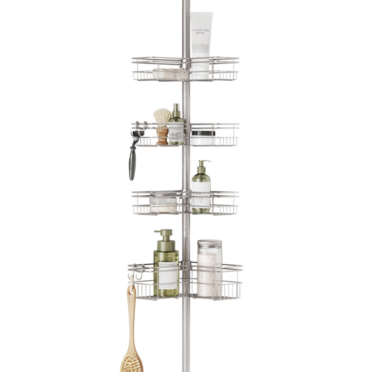Zenna Home Tension Pole Shower Caddy Corner Organizer, Adjustable Standing Shower Caddy with 4 L-shaped Baskets and Hooks, Rust Resistant Bathroom Te