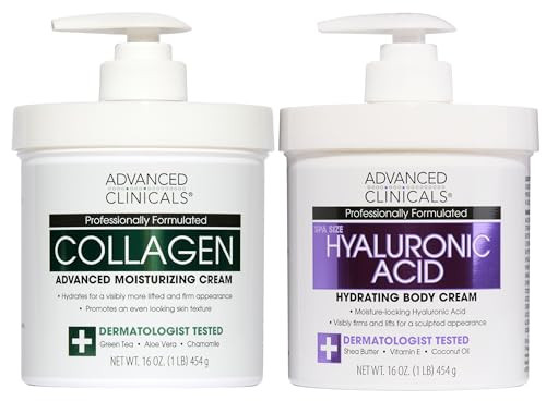 Advanced Clinicals Hyaluronic Acid Moisturizer + Fragrance Free Collagen Cream Face Moisturizer & Body Lotion 2pc Skincare Set For Women & Men Helps