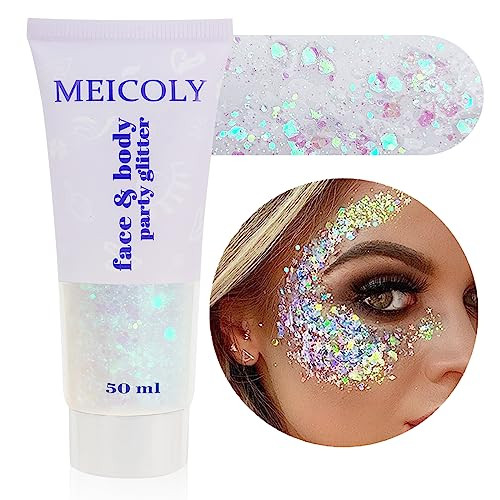 MEICOLY Clear White Body Glitter,Singer Concerts Music Festival Rave Accessories,Mermaid Face Glitter Gel,Sequins Glitter Face Paint,Chunky Hair Spar